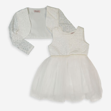 White Lace Pearl Trim Jacket & Dress - Image 1 - please select to enlarge image