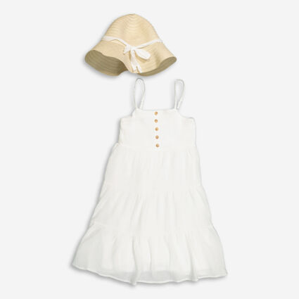 White Tiered Dress & Hat Set  - Image 1 - please select to enlarge image