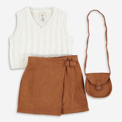 Cream & Brown Three Piece Outfit Set  - Image 1 - please select to enlarge image