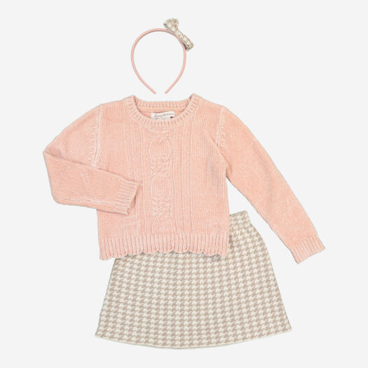 Three Piece Pink Jumper, Brown & White Skirt & Headband - Image 1 - please select to enlarge image