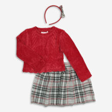 Red Jumper & Checkered Skirt Set