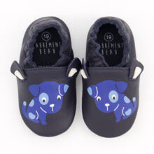 Navy Leather Dog Motif Slippers