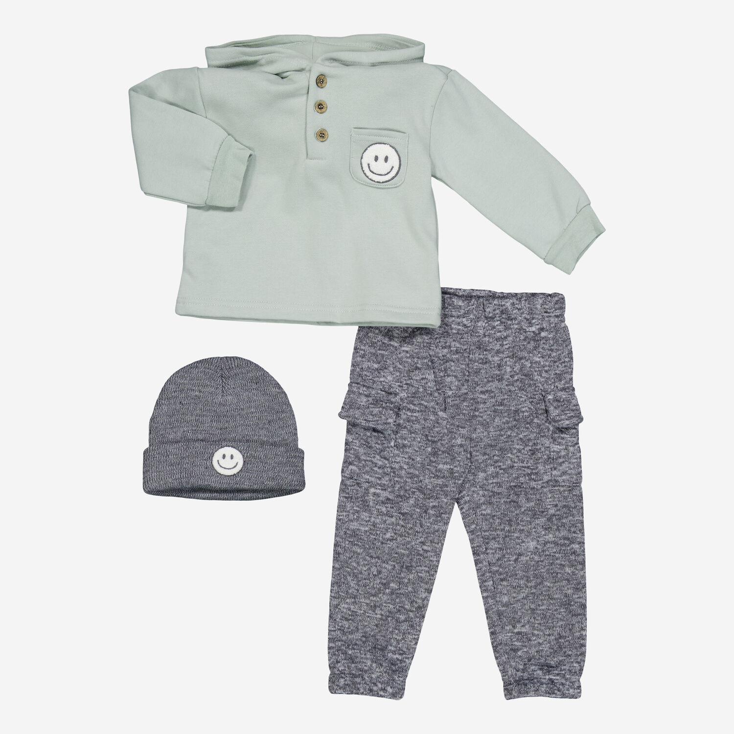 Three Piece Green Grey Embroidered Smiley Face Hoodie Set TK