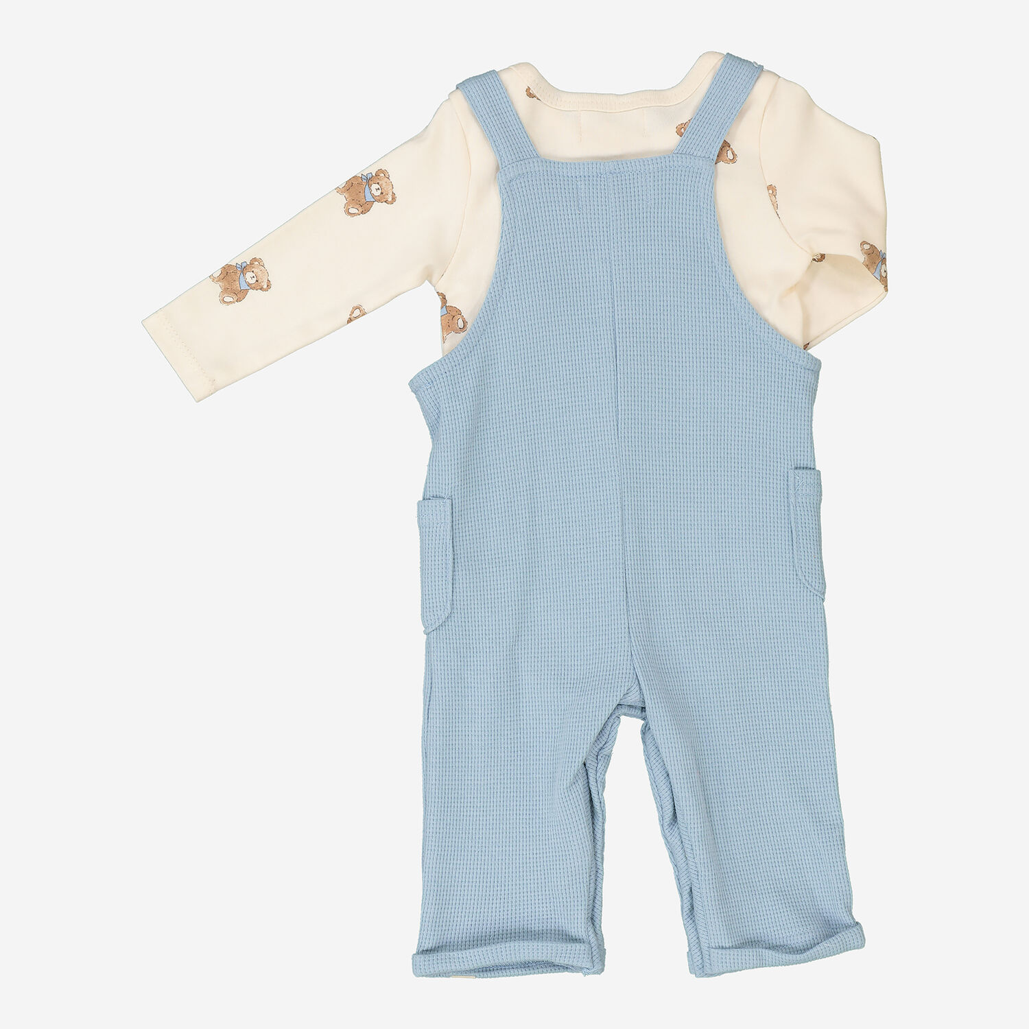 Cream Bear Top & Waffle Knit Overall Set