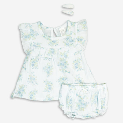 White & Blue Floral Three Piece Outfit - Image 1 - please select to enlarge image