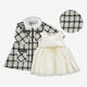 Three Piece White & Black Plaid Coat & Mesh Dress Set - Image 1 - please select to enlarge image