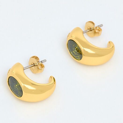 Gold Tone & Green Stone Hoop Earrings  - Image 1 - please select to enlarge image
