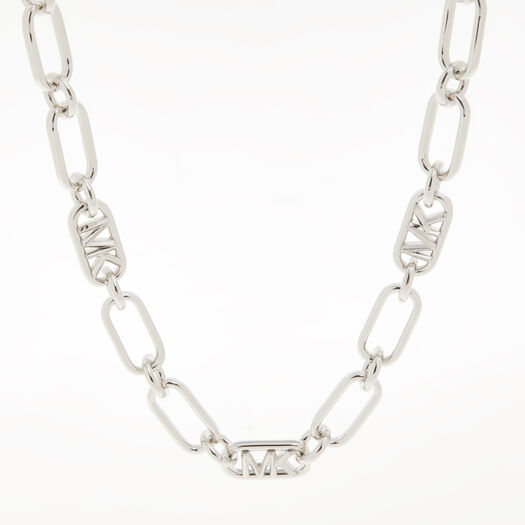 Silberfarbene Halskette aus langen Gliedern mit Logos - Bild 1 - bitte auswählen, um das Bild zu vergrößern