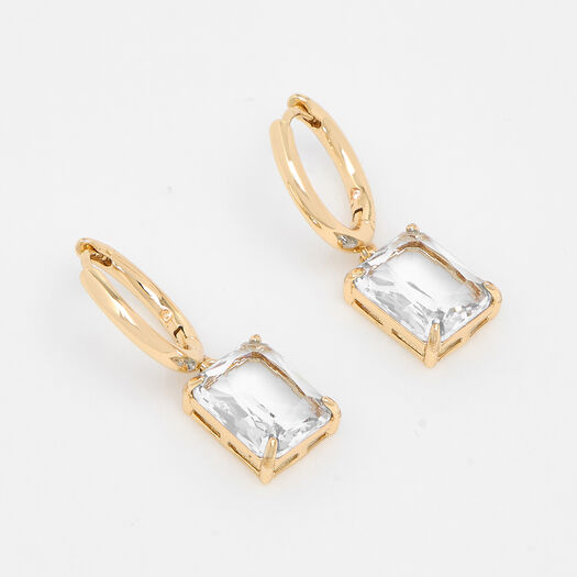 Gold Tone Clear Crystal Huggie Drop Earrings - Image 1 - please select to enlarge image