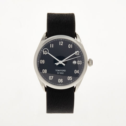 Armbanduhr aus Edelstahl mit schwarzem Lederarmband - Bild 1 - bitte auswählen, um das Bild zu vergrößern