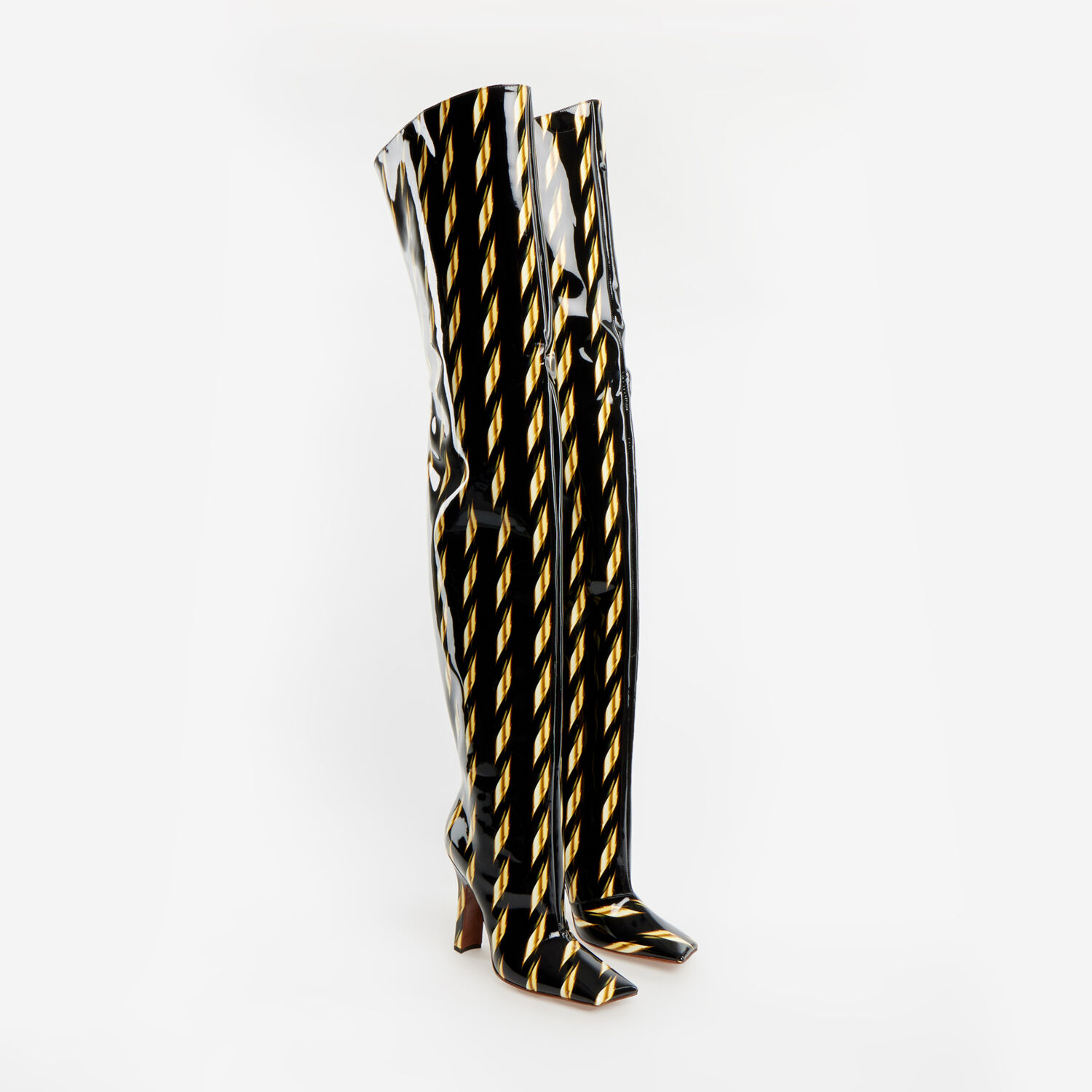 Black & Gold Leather Drill Patent Thigh High Boots - TK Maxx UK