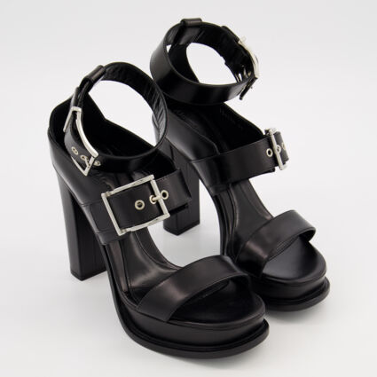 Black Leather Buckle Strap Heeled Sandals  - Image 1 - please select to enlarge image