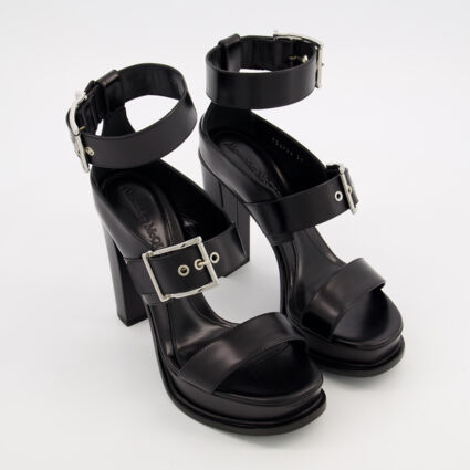 Black Leather Buckled Heeled Sandals - Image 1 - please select to enlarge image