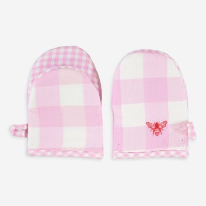 Two Piece Pink Gingham Bee Mini Mitts 20x14cm - Image 1 - please select to enlarge image