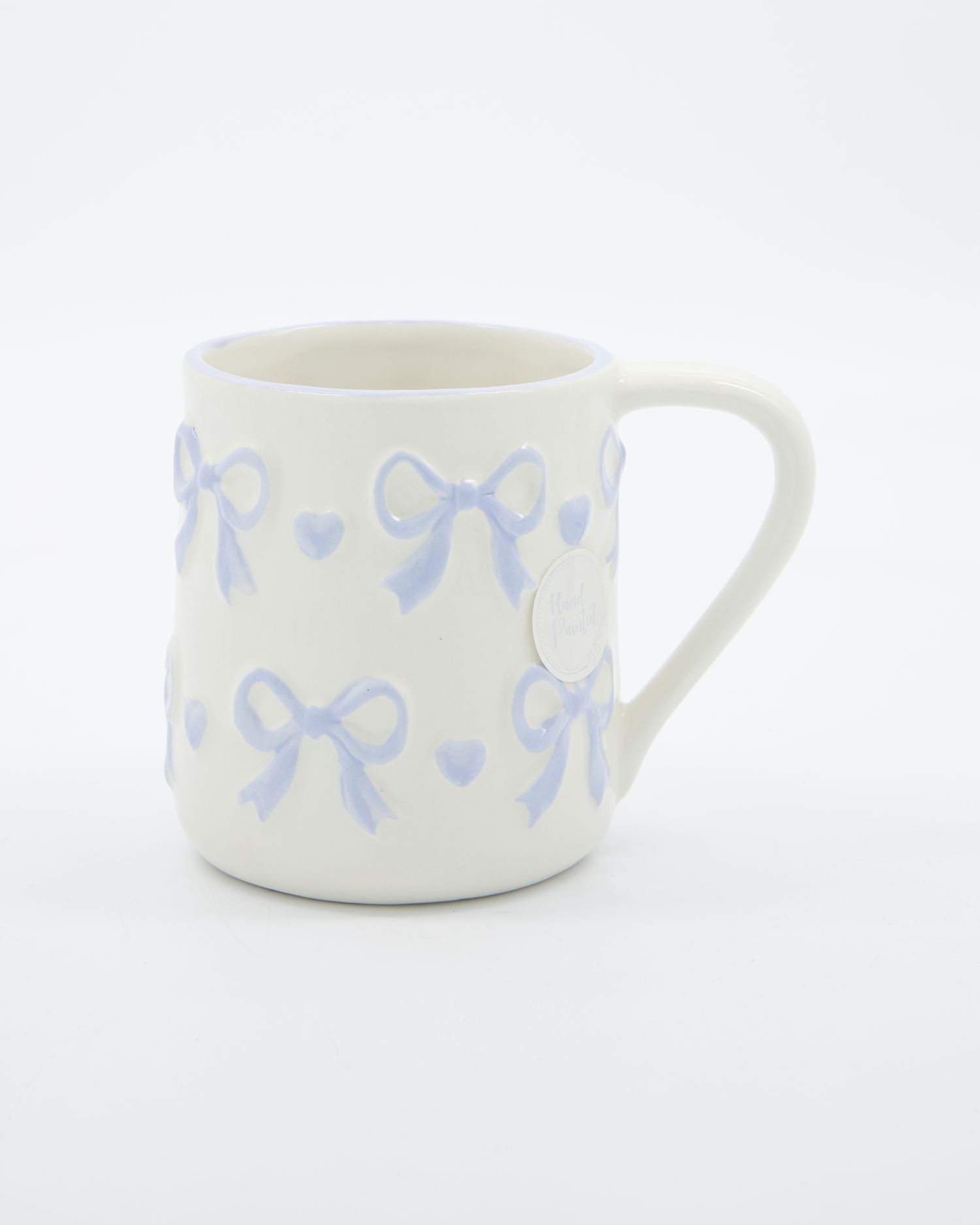 Weiß-blaue Tasse mit Schleifen- und Herzmotiv 12cm x 10cm