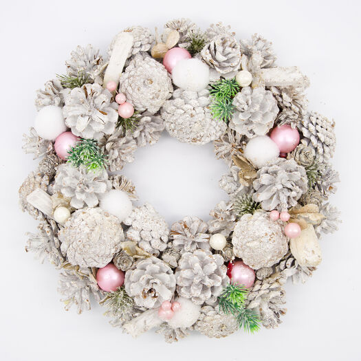 Weißer künstlicher Kranz mit Tannenzapfen 33cm - Bild 1 - bitte auswählen, um das Bild zu vergrößern