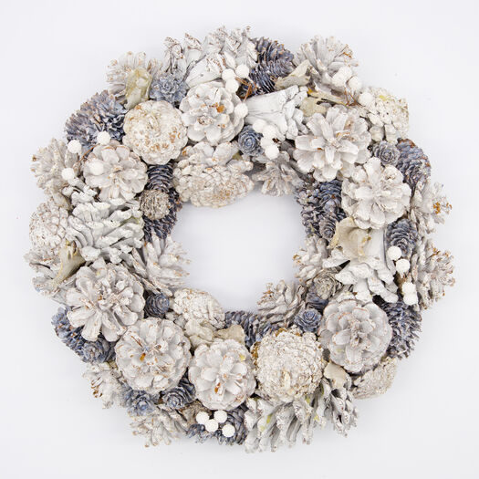 Weißer künstlicher Kranz mit Tannenzapfen 33cm - Bild 1 - bitte auswählen, um das Bild zu vergrößern