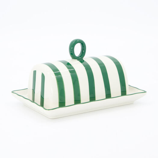 Weiß-grüne Butterdose mit Streifenmuster - Bild 1 - bitte auswählen, um das Bild zu vergrößern